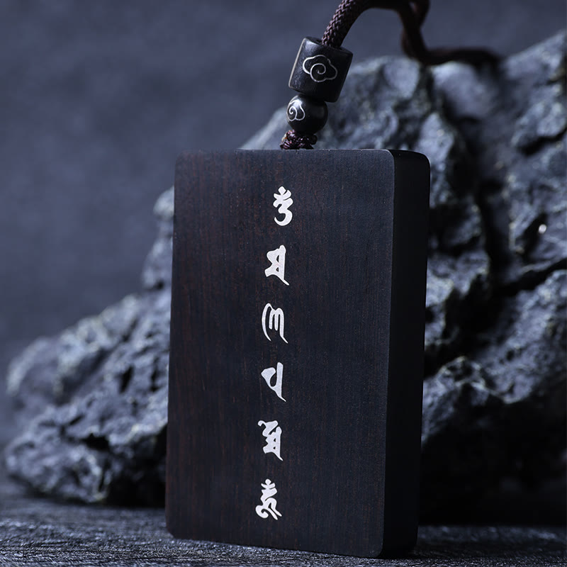 Buddhist Blessing 999 Sterling Silver Small Leaf Red Sandalwood Ebony Wood Om Mani Padme Hum Inlaid Protection Necklace Pendant