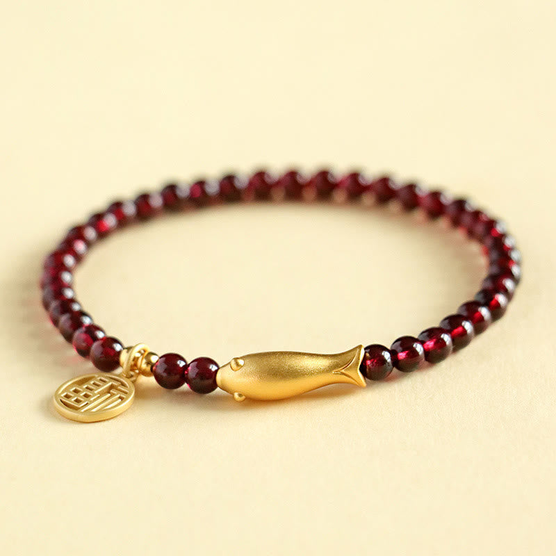 Buddhist Blessing Garnet 925 Sterling Silver Fish Fu Character Purification Bracelet