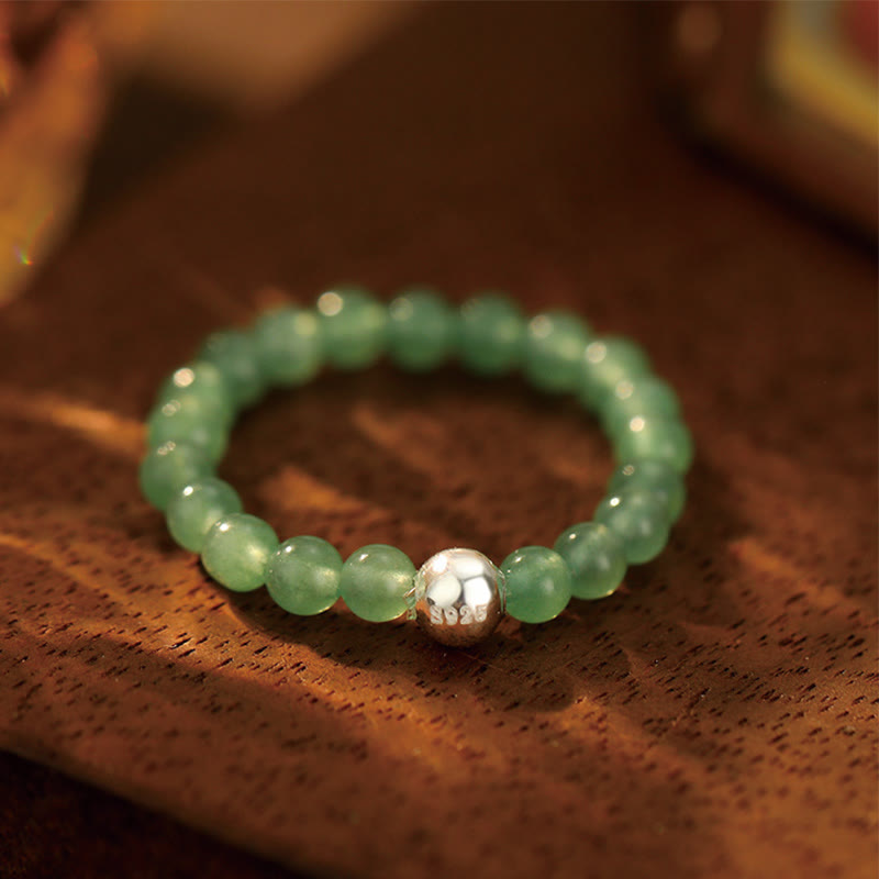 Buddhist Blessing 925 Sterling Silver Crystal Beads White Jade Black Onyx Blessing Elastic Ring