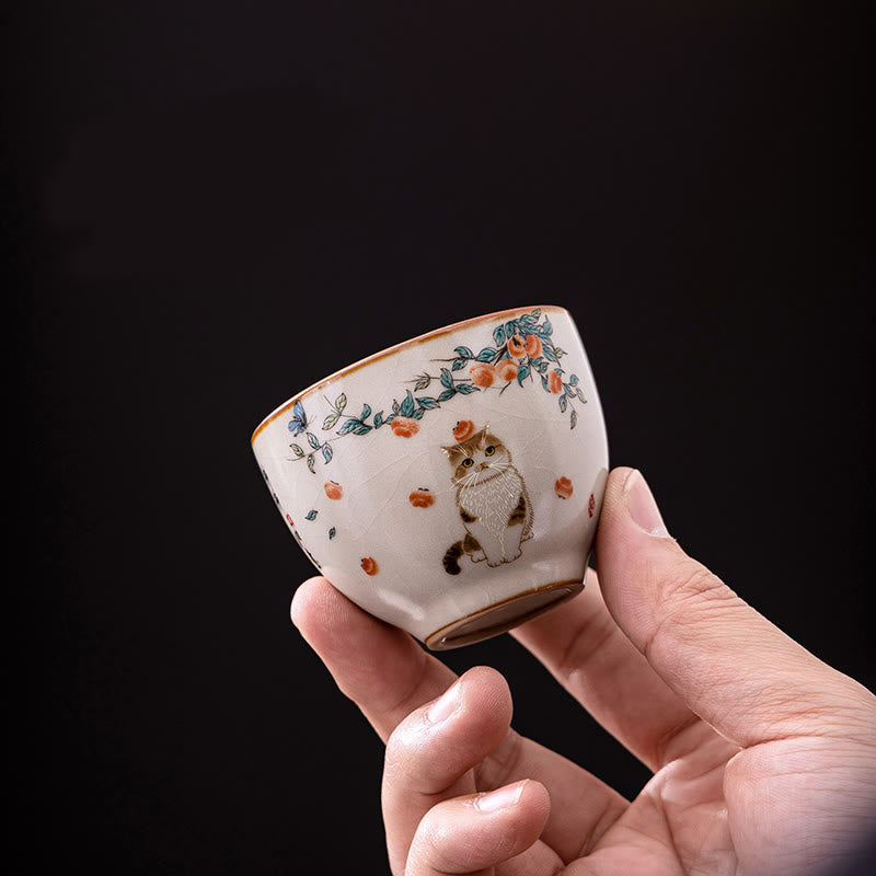 Buddhist Blessing Cute Cat Butterfly Teacup Kung Fu Tea Cup