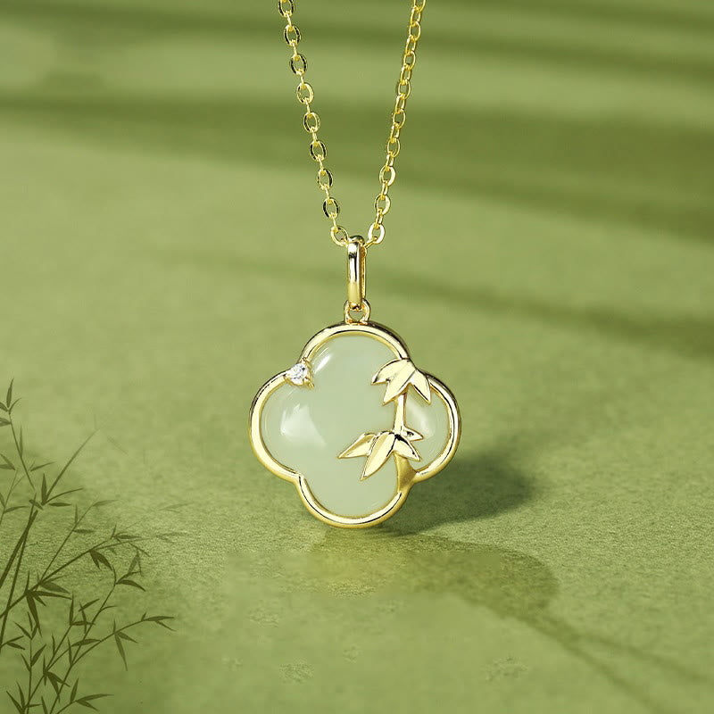 Buddhist Blessing Hetian Jade 925 Sterling Silver Four Leaf Clover Bamboo Growth Necklace Pendant