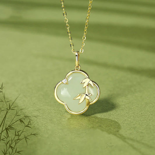 Buddhist Blessing Hetian Jade 925 Sterling Silver Four Leaf Clover Bamboo Growth Necklace Pendant