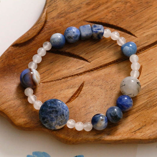 Buddhist Blessing Blue Aventurine Agate Jade Black Rutilated Quartz Bracelet