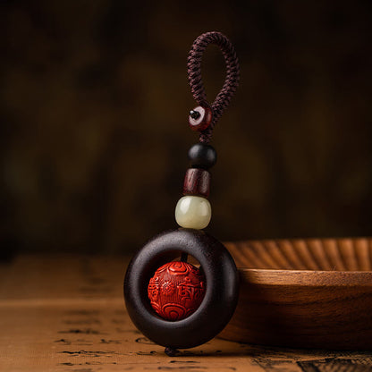 Buddhist Blessing Tibet Om Mani Padme Hum PiXiu Copper Coin Small Leaf Red Sandalwood Cinnabar Protection Key Chain