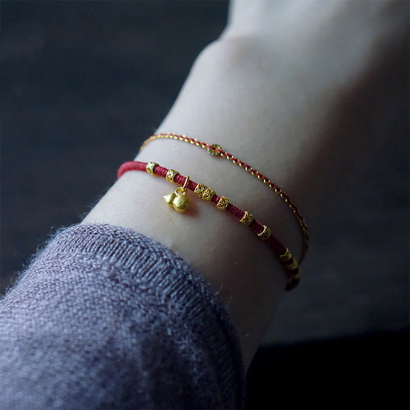 Buddhist Blessing 999 Gold Small Gourd Charm Handmade Luck Strength Rope Bracelet