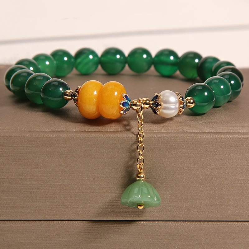 Buddhist Blessing Green Agate Amber Pearl Lotus Pod Support Bracelet