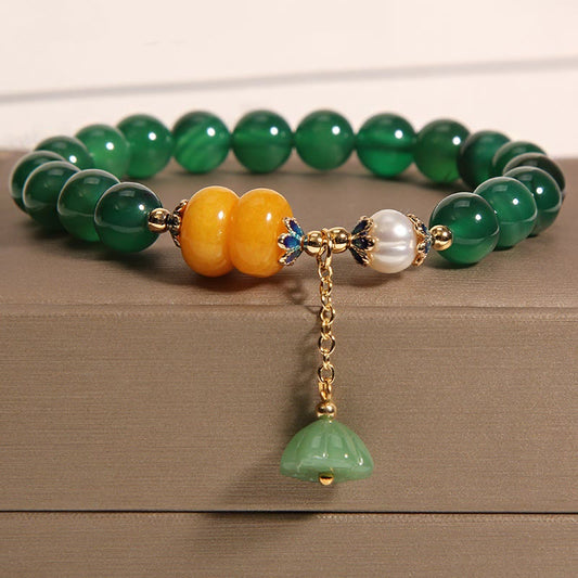 Buddhist Blessing Green Agate Amber Pearl Lotus Pod Support Bracelet