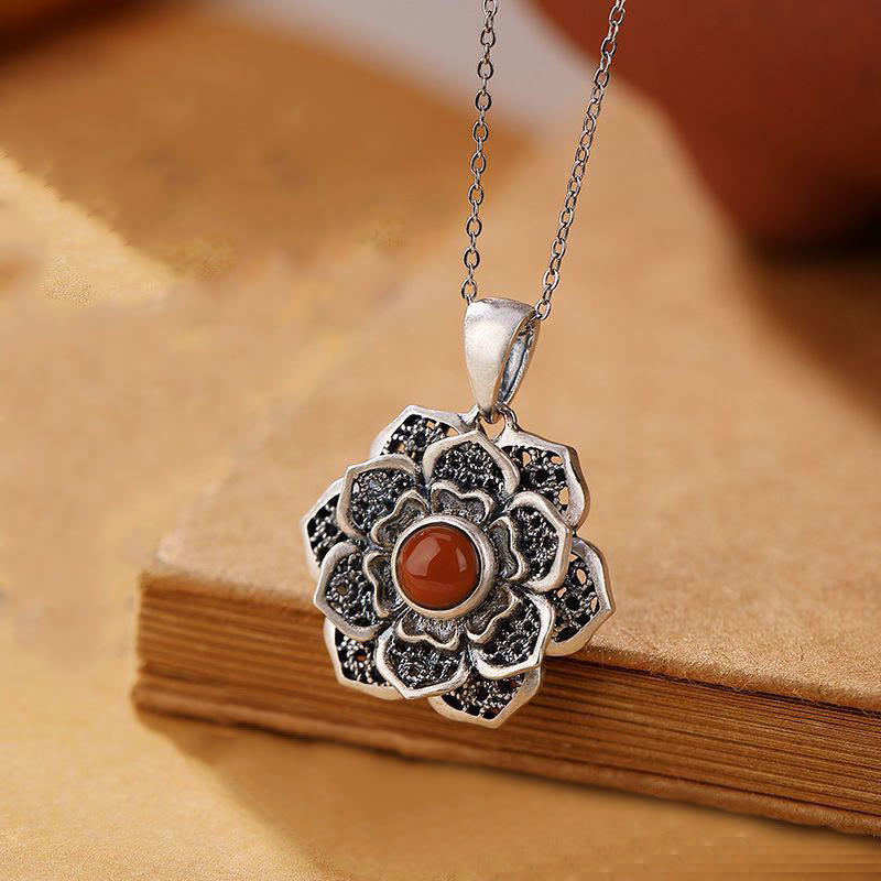 Buddhist Blessing Tibetan Om Mani Padme Hum Lotus Pattern Red Agate Copper Peace Necklace Pendant