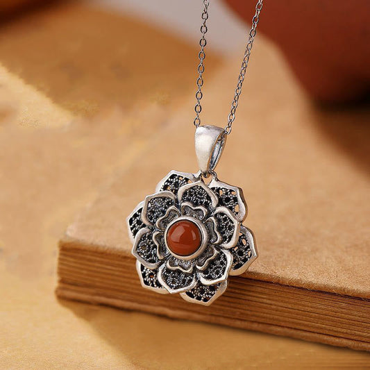 Buddhist Blessing Tibetan Om Mani Padme Hum Lotus Pattern Red Agate Copper Peace Necklace Pendant