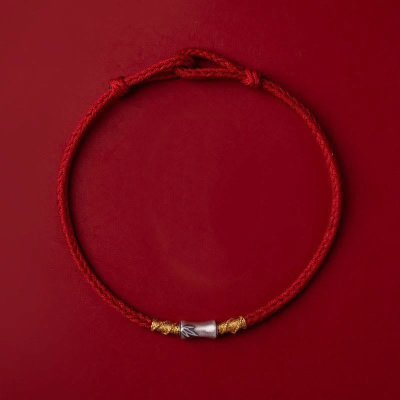Buddhist Blessing Handmade 925 Sterling Silver Bamboo Design Red String Luck Braided Bracelet