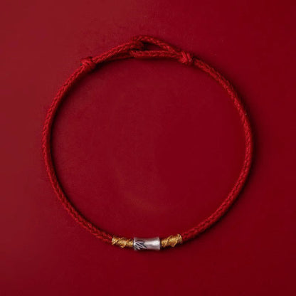 Buddhist Blessing Handmade 925 Sterling Silver Bamboo Design Red String Luck Braided Bracelet