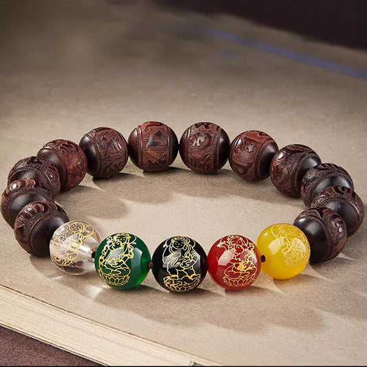 Buddhist Blessing Small Leaf Red Sandalwood Five Directions Gods of Wealth Calm Bracelet