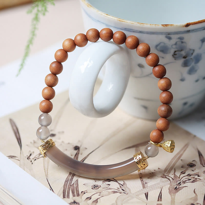 Buddhist Blessing Sandalwood Gray Agate Chalcedony Cuff Half Bracelet Bangle