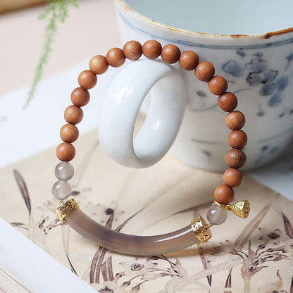 Buddhist Blessing Sandalwood Gray Agate Chalcedony Cuff Half Bracelet Bangle