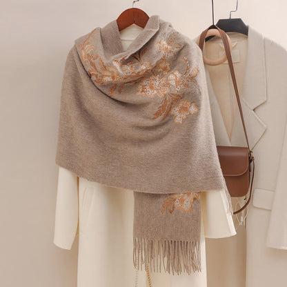 Buddhist Blessing Wool Shawl Red Flower Gold Sequins Embroidery Tassel Winter Cozy Travel Scarf Wrap