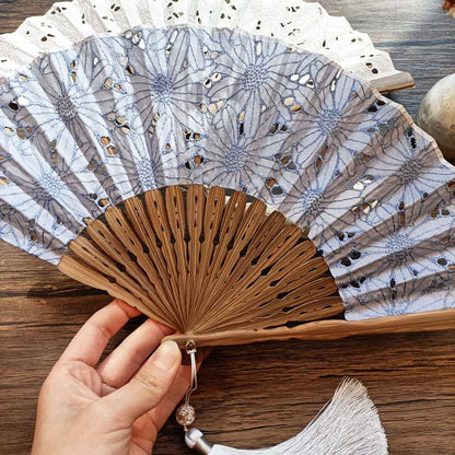 Buddhist Blessing Solid Color Hollow Flowers Embroidery Cotton Fabric Handheld Bamboo Folding Fan