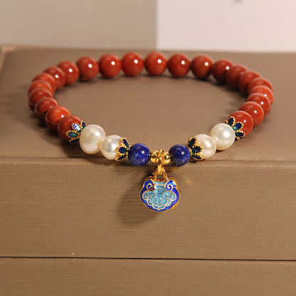 Buddhist Blessing Natural South Red Agate Pearl Peace Lock Charm Positive Bracelet