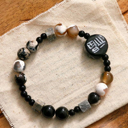 Buddhist Blessing Black Onyx Ceramics Agate Black Glitter Stone Fortune Fu Character Bracelet