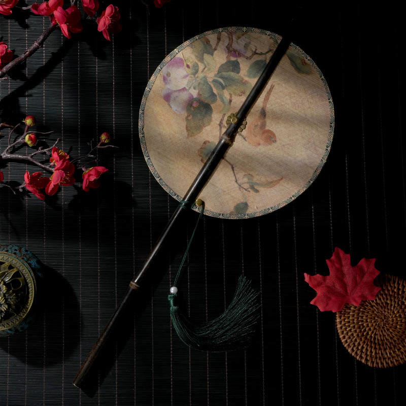 Buddhist Blessing Handmade Flowers Peach Loquat Bird Crane Butterfly Pattern Long Purple Bamboo Handle Portable Curlable Fan