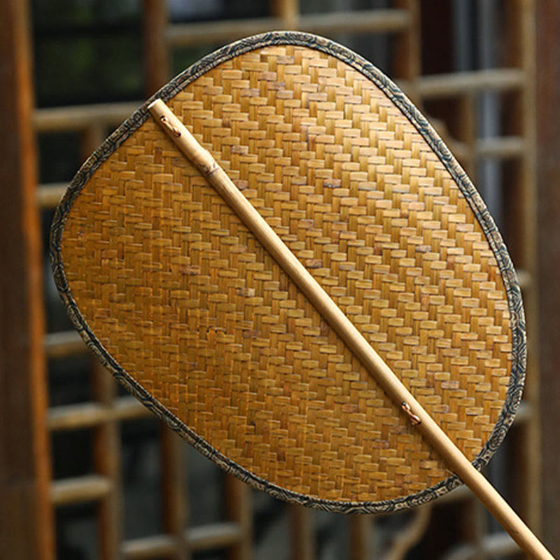 Buddhist Blessing Summer Retro Chinese Style Handmade Bamboo Woven Round Banana Shape Long Handle Fan