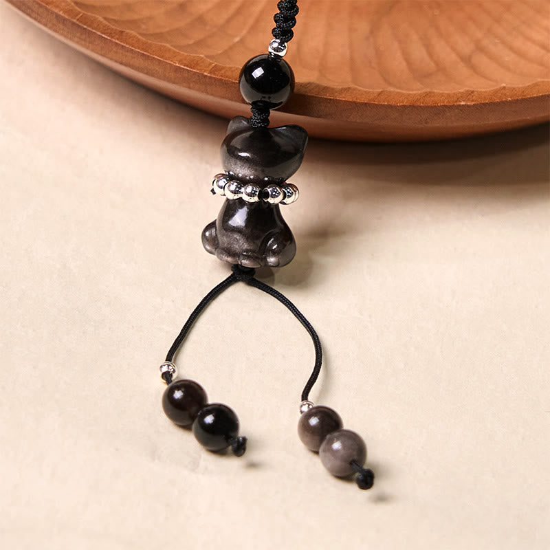 Buddhist Blessing  Stone Natural Silver Sheen Obsidian Noble Kitten Cat Soothing Phone Hanging Decoration
