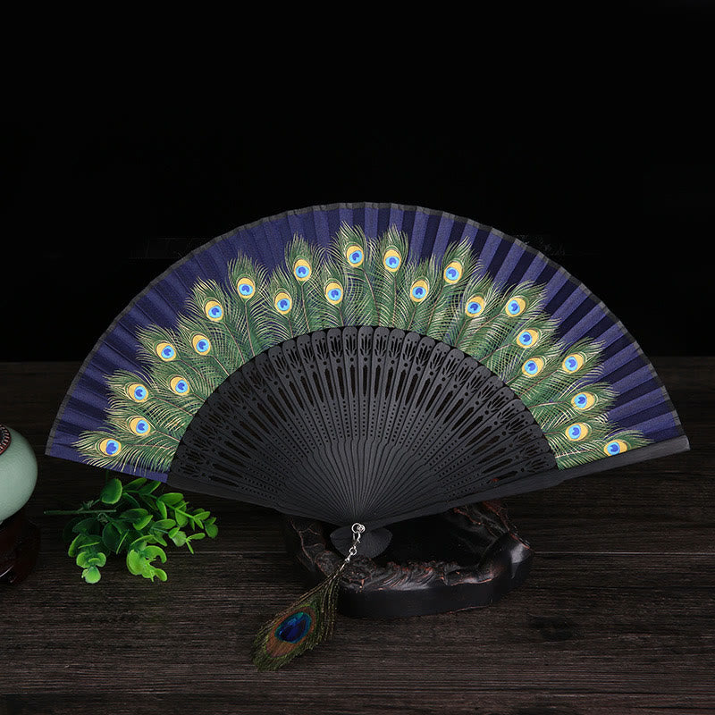 Buddhist Blessing Peacock Feather Handheld Bamboo Folding Fan 21.5cm