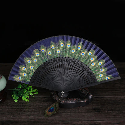 Buddhist Blessing Peacock Feather Handheld Bamboo Folding Fan 21.5cm
