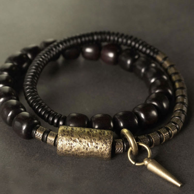 Buddhist Blessing Ebony Wood Copper Brass Vintage Bead Cone Double Wrap Balance Bracelet