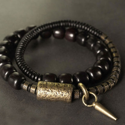 Buddhist Blessing Ebony Wood Copper Brass Vintage Bead Cone Double Wrap Balance Bracelet