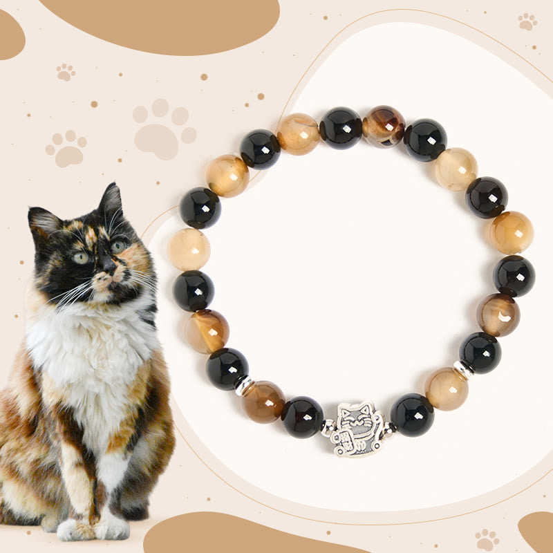 Buddhist Blessing 925 Sterling Silver Tortoiseshell Cat Light Brown Striped Agate Black Onyx Bracelet