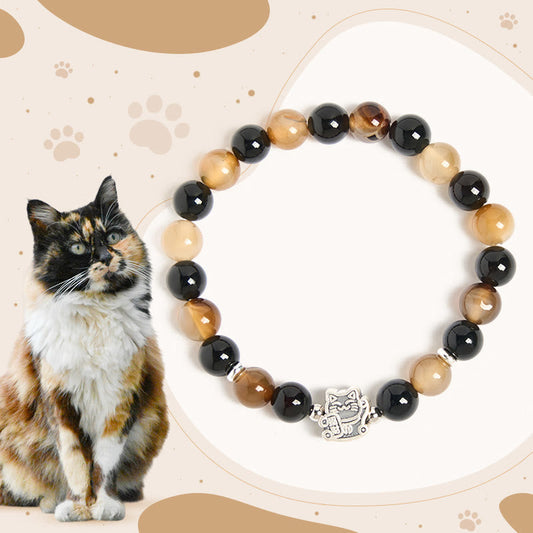 Buddhist Blessing 925 Sterling Silver Tortoiseshell Cat Light Brown Striped Agate Black Onyx Bracelet