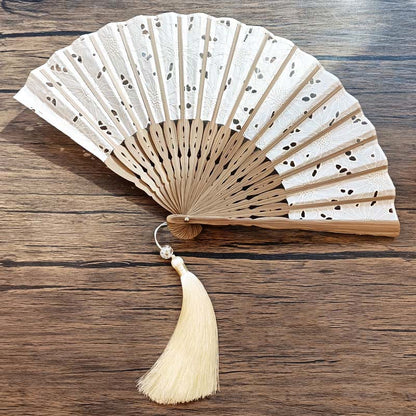 Buddhist Blessing Solid Color Hollow Flowers Embroidery Cotton Fabric Handheld Bamboo Folding Fan