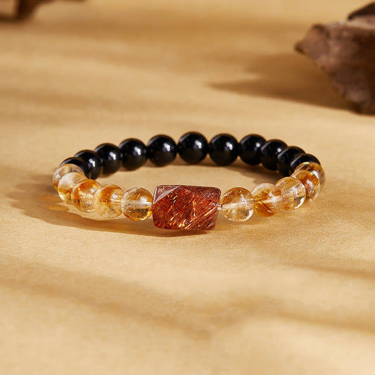 Buddhist Blessing Natural Black Obsidian Citrine Super Seven Crystal Strength Bracelet