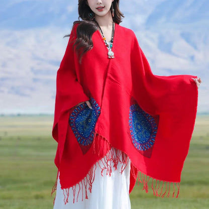 Buddhist Blessing Tibetan Geometric Round Mandala Pattern Tassels Shawl Fall Winter Cozy Scarf Wrap With Pockets