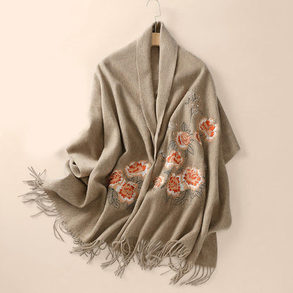 Buddhist Blessing Wool Shawl Red Peony Embroidery Tassel Winter Cozy Travel Scarf Wrap