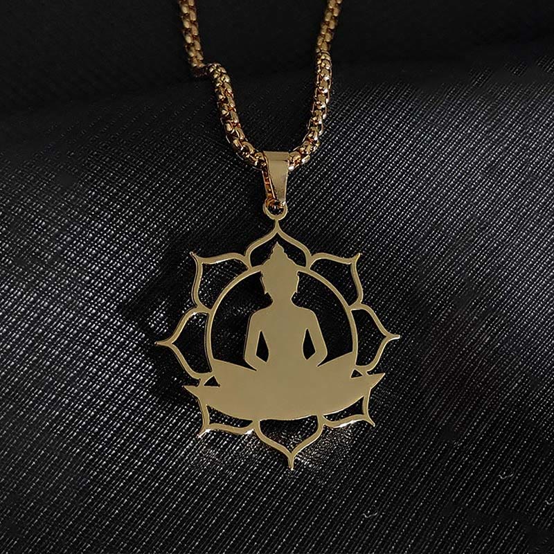 Buddhist Blessing Vintage Lotus Sitting Buddha Design Stainless Steel Enlightenment Necklace Pendant