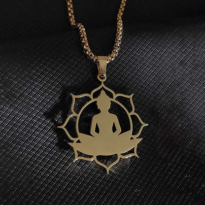 Buddhist Blessing Vintage Lotus Sitting Buddha Design Stainless Steel Enlightenment Necklace Pendant