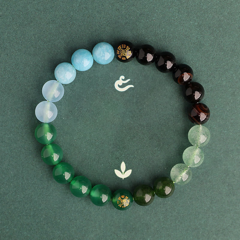 Buddhist Blessing Five Elements Various Agate Crystal Black Onyx Green Chalcedony Aquamarine Wisdom Bracelet