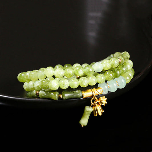 Buddhist Blessing Retro Multilayer Lily of the Valley Bamboo Green Chalcedony Strength Bracelet