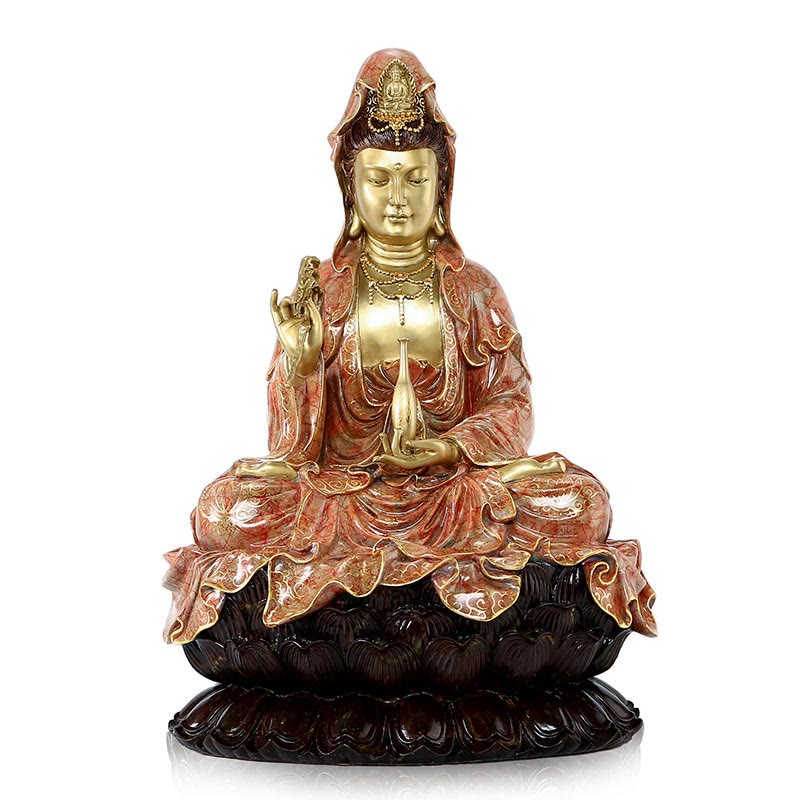 Buddhist Blessing Kwan Yin Avalokitesvara Lotus Sitting Harmony Brass Copper Statue Home Altar Decoration