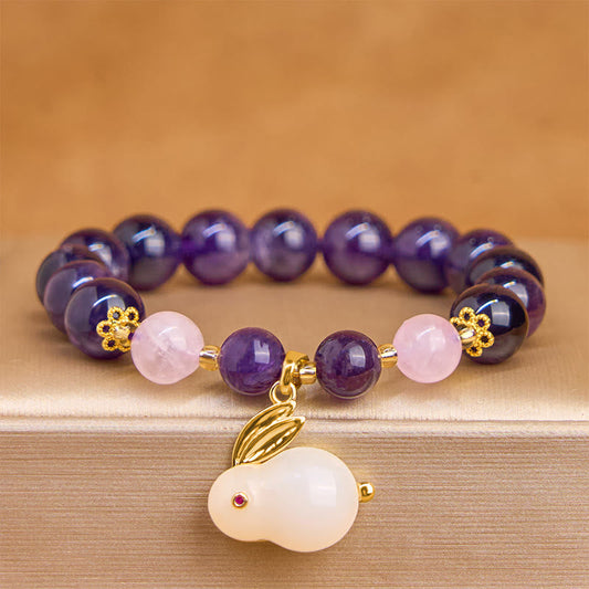 Buddhist Blessing Natural Amethyst Rabbit Beads Inner Peace Bracelet