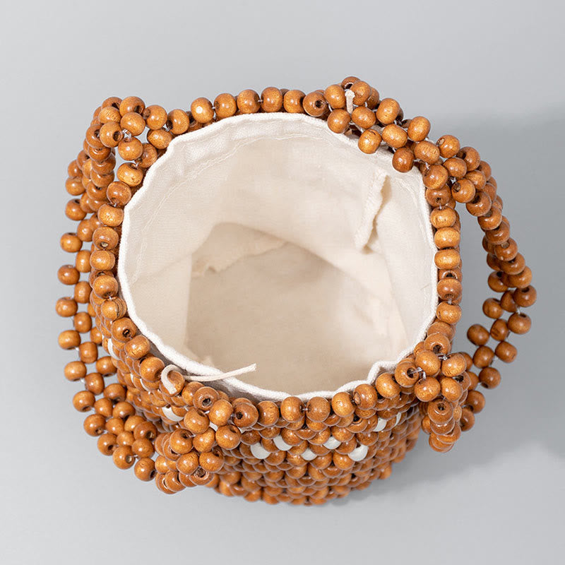 Buddhist Blessing Hand-woven Bucket Portable Wooden Beads Handbag