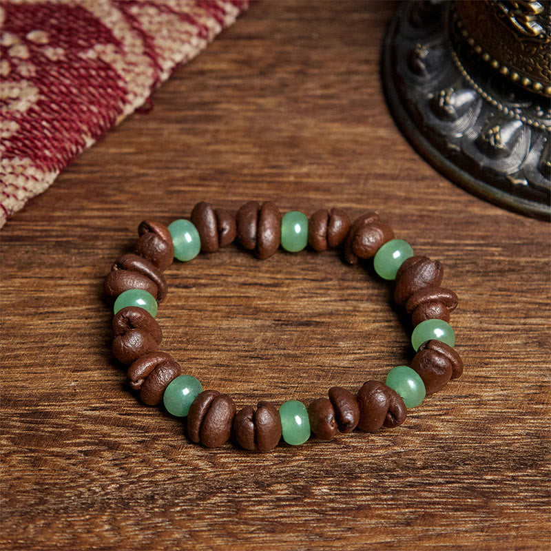 Buddhist Blessing Natural Coffee Beans Green Aventurine Huanglong Jade Beads Bracelet
