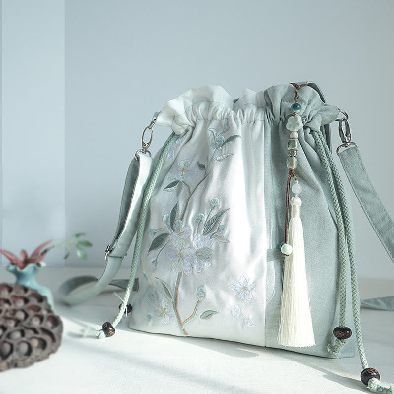 Buddhist Blessing Embroidered Green Pear Blue Epiphyllum Canvas Tote Crossbody Bag Shoulder Bag Handbag