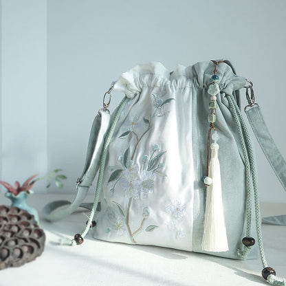 Buddhist Blessing Embroidered Green Pear Blue Epiphyllum Canvas Tote Crossbody Bag Shoulder Bag Handbag