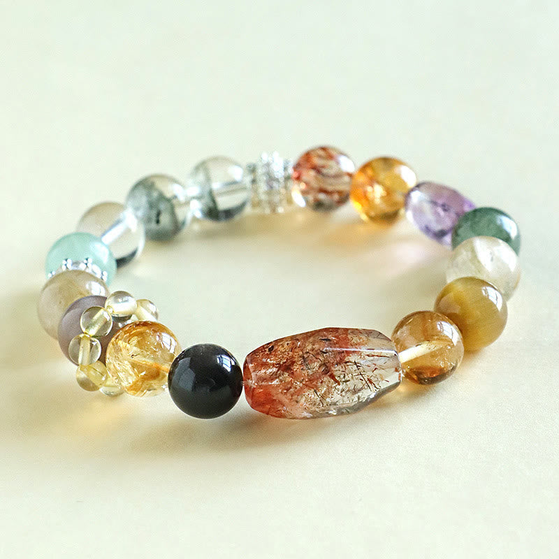 Buddhist Blessing Super Seven Crystal Topaz Obsidian Tiger Eye Positivity Bracelet