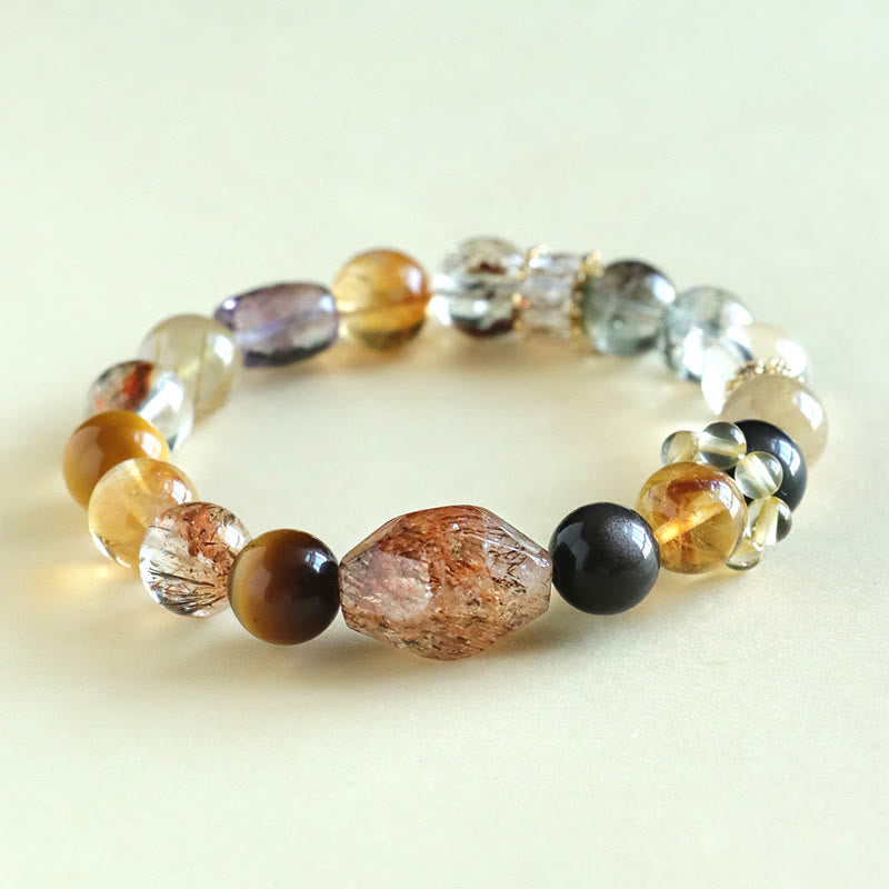 Buddhist Blessing Super Seven Crystal Topaz Obsidian Tiger Eye Positivity Bracelet