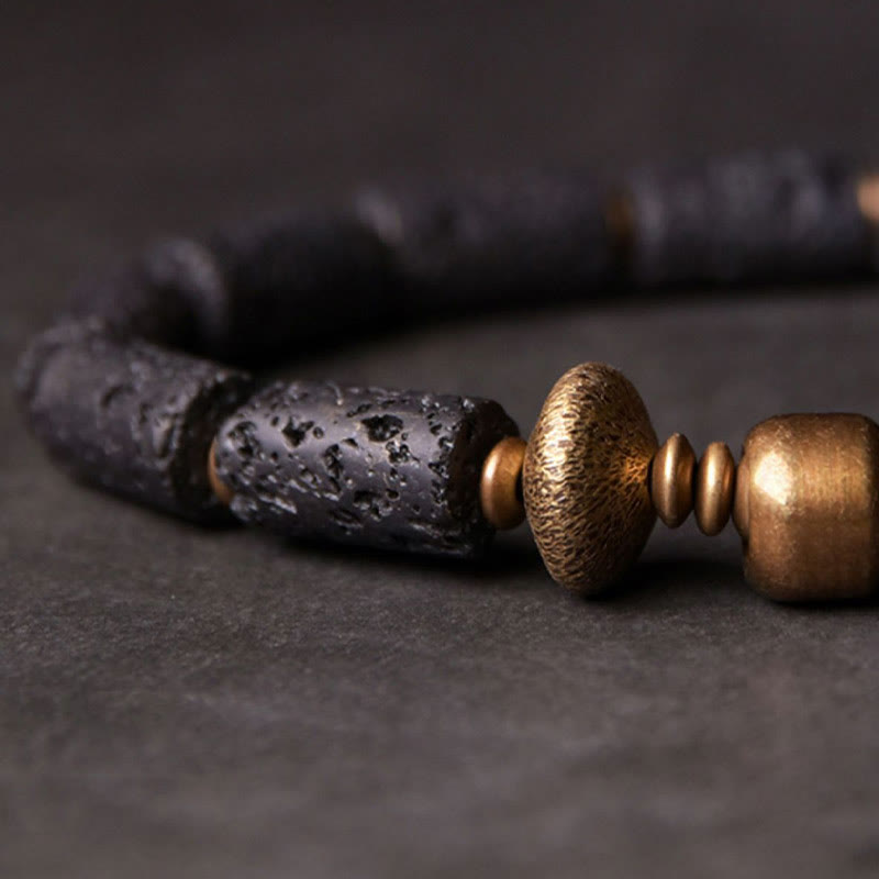 Buddhist Blessing Luck Wealth Black Lava Rock Beads Copper Bracelet