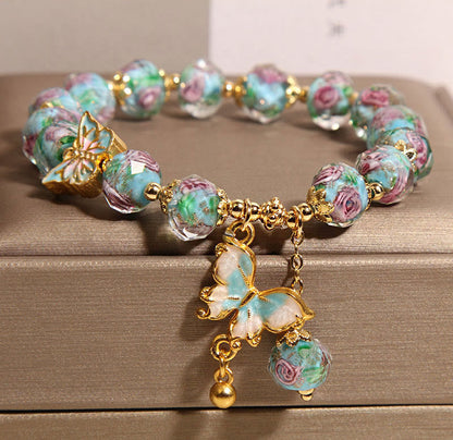 Buddhist Blessing Butterfly Charm Rose Flower Liuli Bracelet