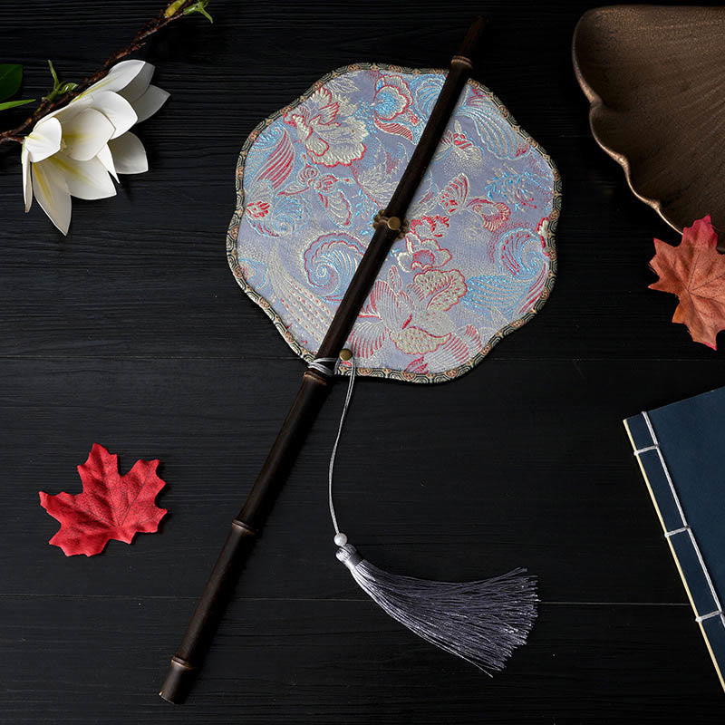 Buddhist Blessing Handmade Flowers Peach Loquat Bird Crane Butterfly Pattern Long Purple Bamboo Handle Portable Curlable Fan